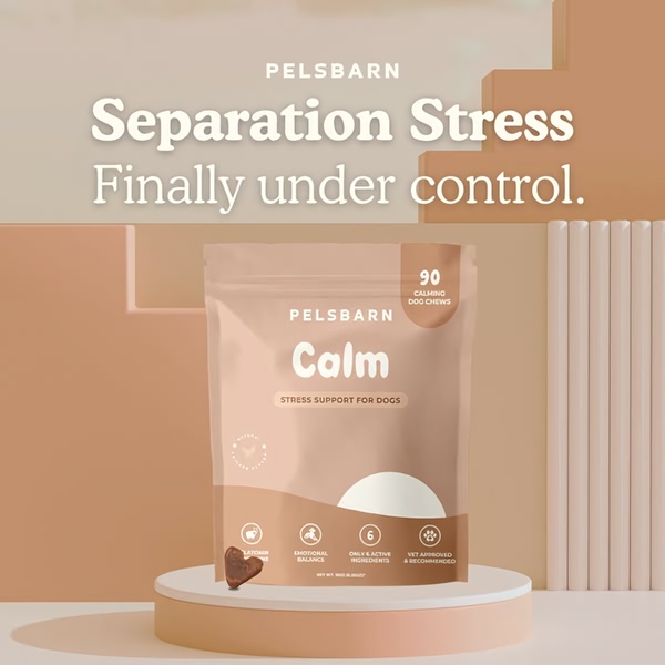 This static square creative features a clean studio product shot of calming treats on a neutral, minimalist stage to communicate stress relief for pets.